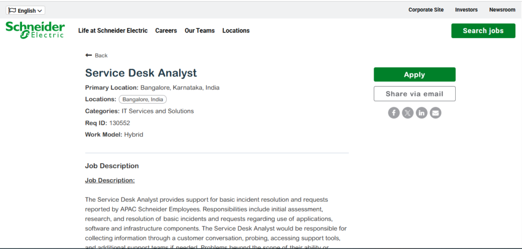 Schneider Electric Recruitment Drive; Hiring Service Desk Analyst