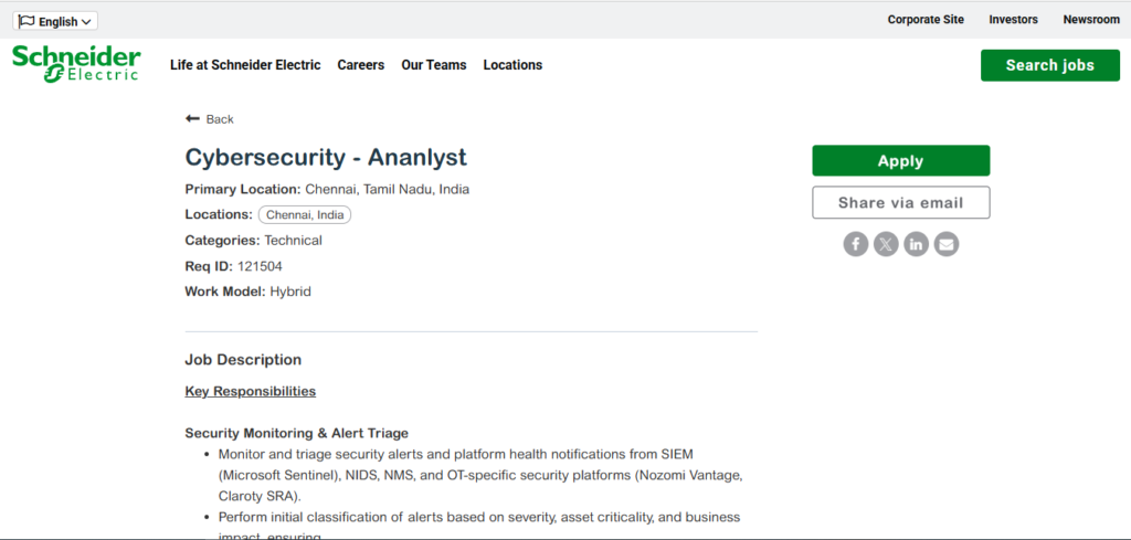 Schneider Electric Recruitment Drive; Hiring Cybersecurity Analyst