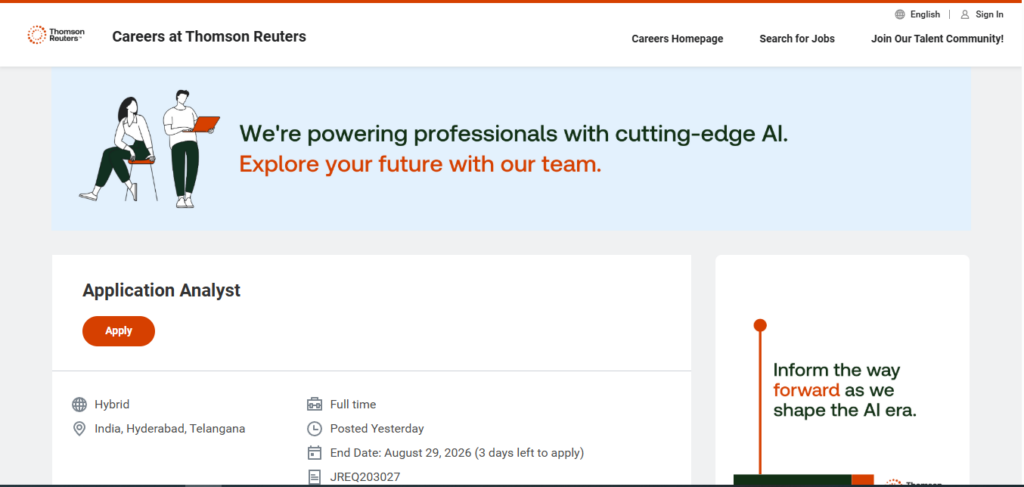 Thomson Reuters Recruitment Drive; Hiring Application Analyst