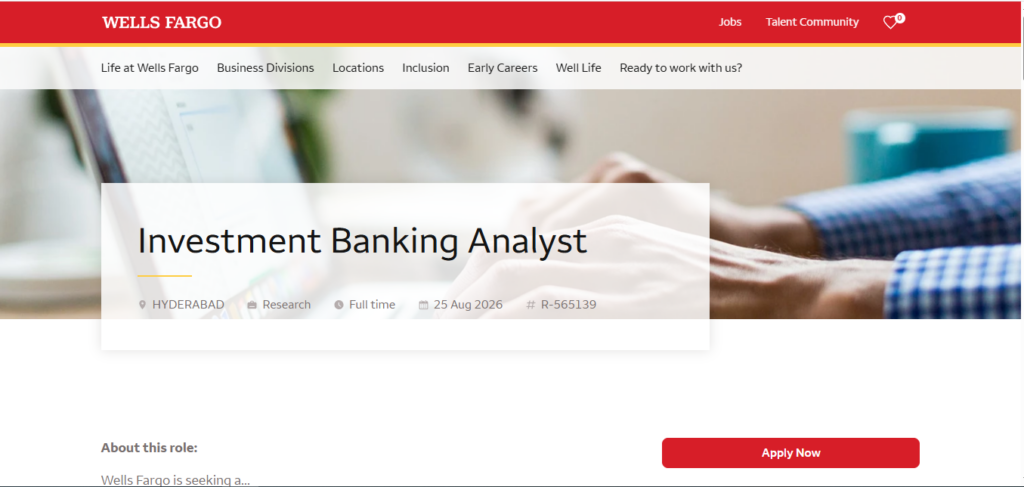Wells Fargo Recruitment Drive; Hiring Investment Banking Analyst