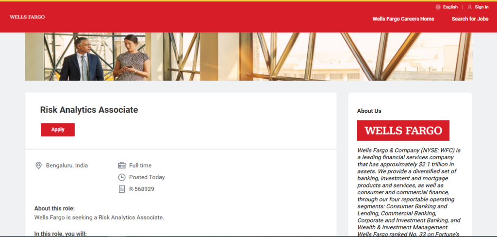 Wells Fargo Recruitment Drive; Hiring Risk Analytics Associate