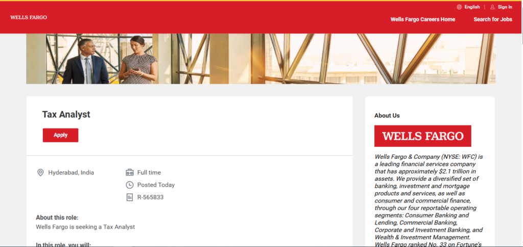 Wells Fargo Recruitment Drive; Hiring Tax Analyst 