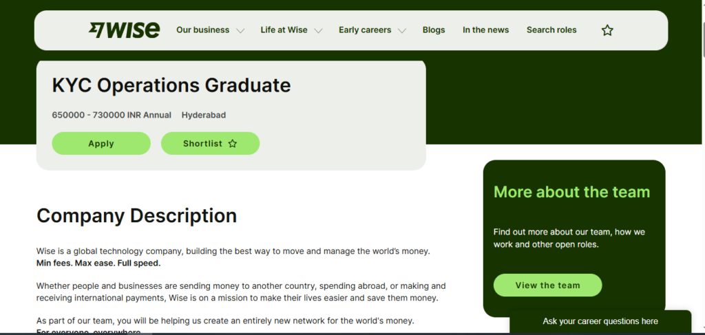 Wise Recruitment Drive; Hiring KYC Operations Graduate