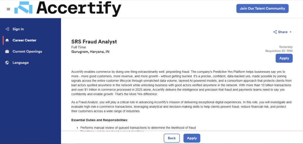 Accertify Hiring Fraud Analyst – SRS | Gurgaon (Hybrid) 2026
