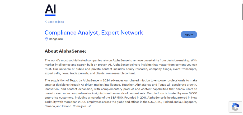AlphaSense Hiring Compliance Analyst - Expert Network | Bangalore 2026