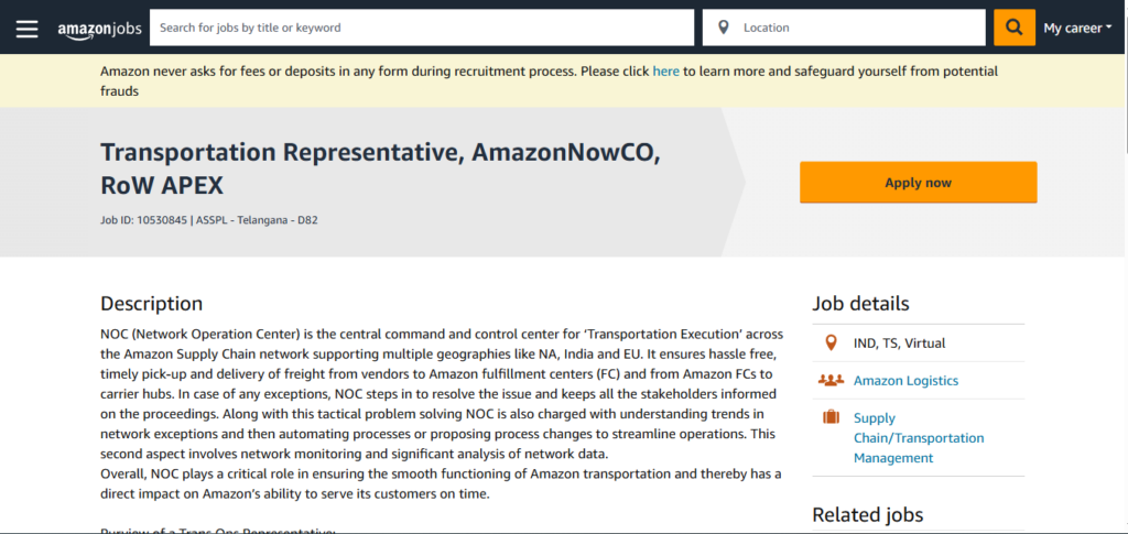 Amazon Work from Home; Hiring Transportation Representative