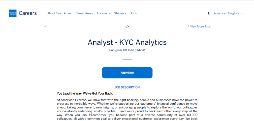 American Express Hiring Analyst - KYC Analytics | Gurgaon (Hybrid) 2026