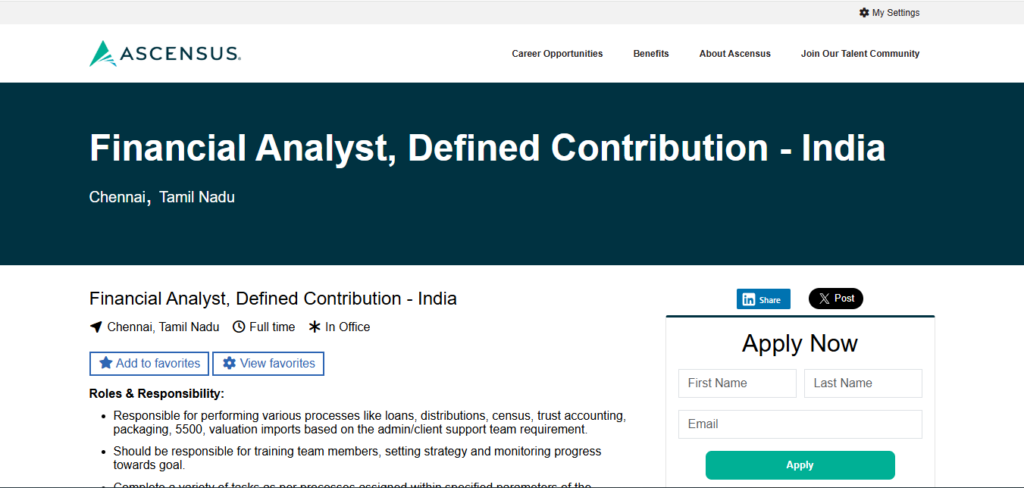 Ascensus Hiring Financial Analyst - Defined Contribution | Chennai 2026