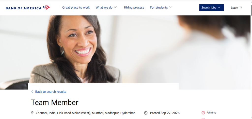 Bank of America Hiring Team Member | Chennai, Mumbai & Hyderabad 2026