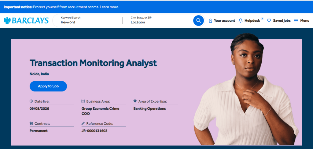 Barclays Recruitment Drive; Hiring Transaction Monitoring Analyst
