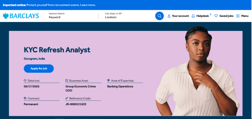 Barclays Recruitment Drive; Hiring KYC Refresh Analyst