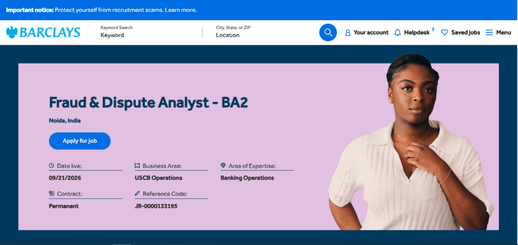 Barclays Hiring Fraud & Dispute Analyst - BA2 | Noida 2026