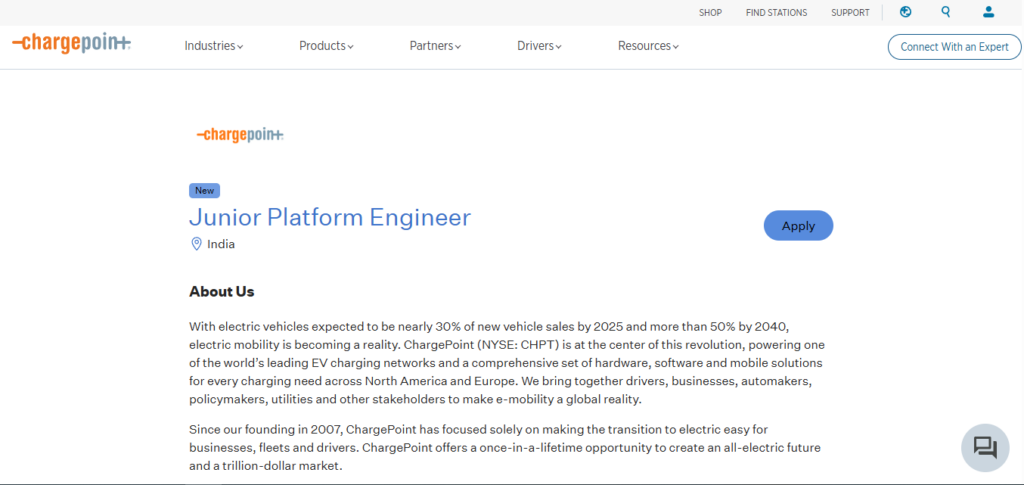 Chargepoint Work from Home Jobs; Hiring Junior Platform Engineer