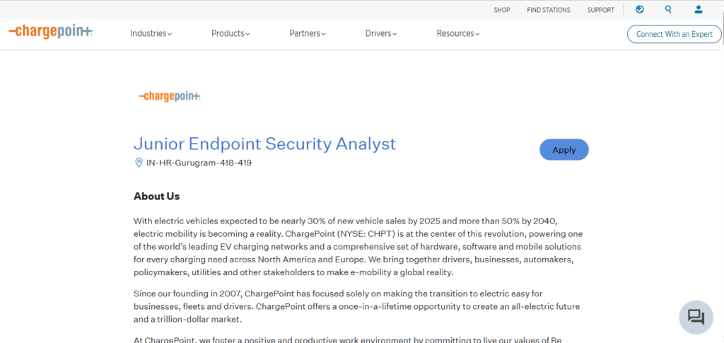 Chargepoint Work from Home Jobs; Hiring Junior Endpoint Security Analyst