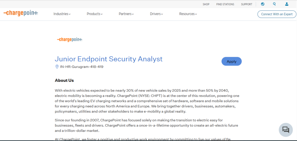 Chargepoint Recruitment Drive; Hiring Junior Endpoint Security Analyst