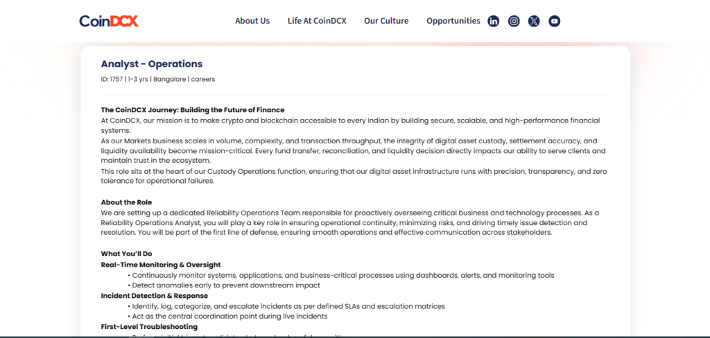 CoinDCX Recruitment Drive; Hiring Reliability Operations Analyst