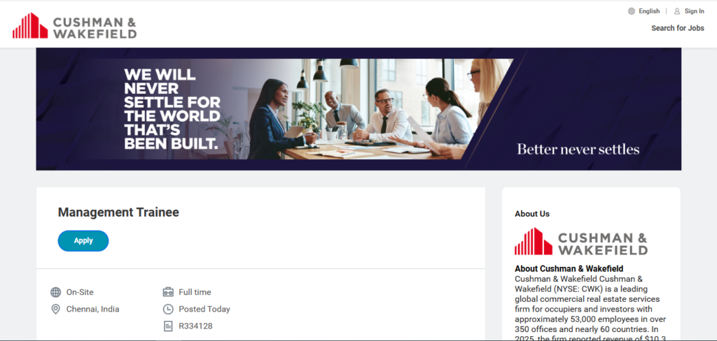 Cushman & Wakefield Recruitment Drive; Hiring Management Trainee