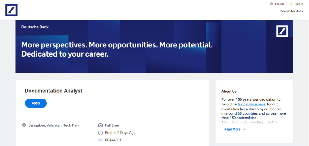 Deutsche Bank Recruitment Drive; Hiring Documentation Analyst 