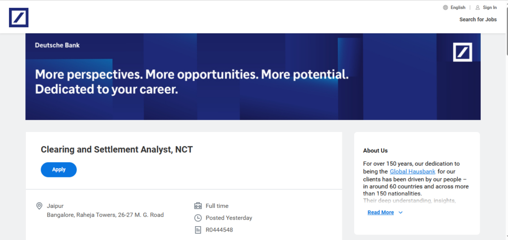 Deutsche Bank Recruitment Drive; Hiring Clearing and Settlement Analyst
