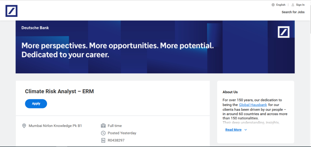 Deutsche Bank Recruitment Drive; Hiring Climate Risk Analyst