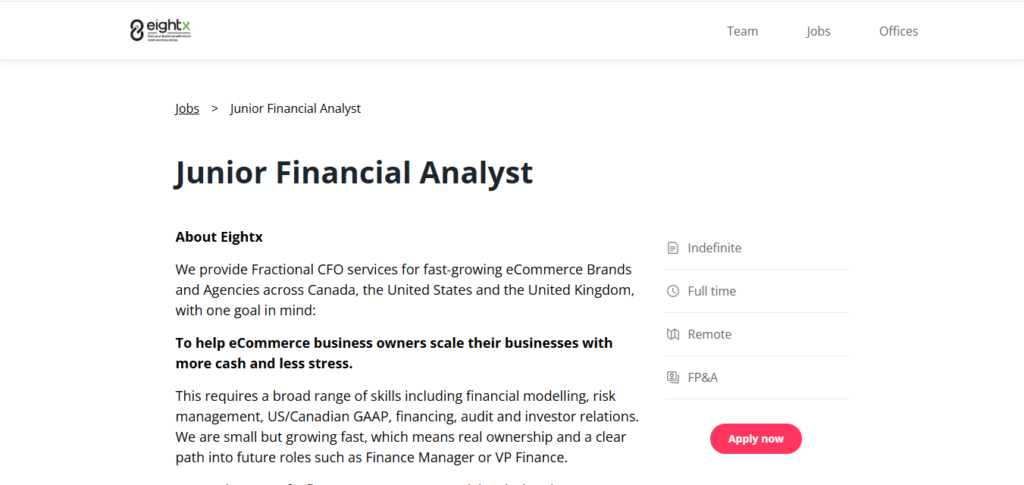 Eightx Work from Home Jobs; Hiring Junior Financial Analyst