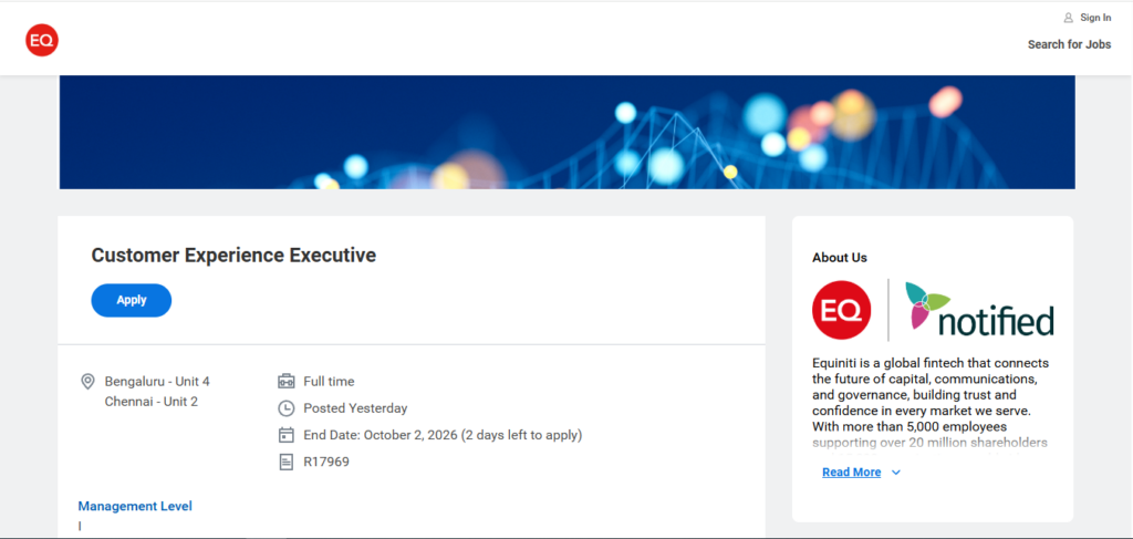 Equiniti Hiring Customer Experience Executive | Hiring Chennai & Bangalore 2026