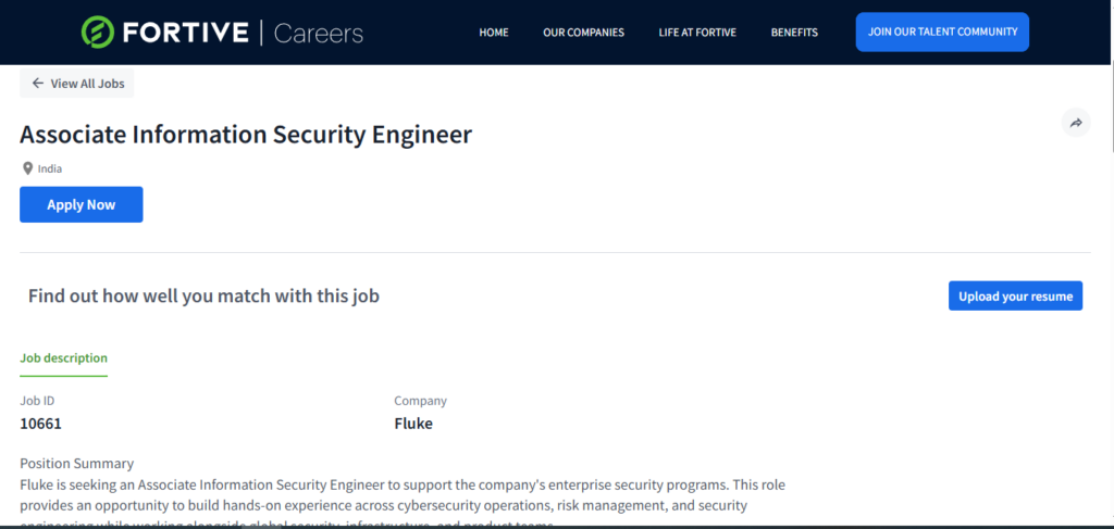 Fluke Hiring Associate Information Security Engineer | Pan India 2026