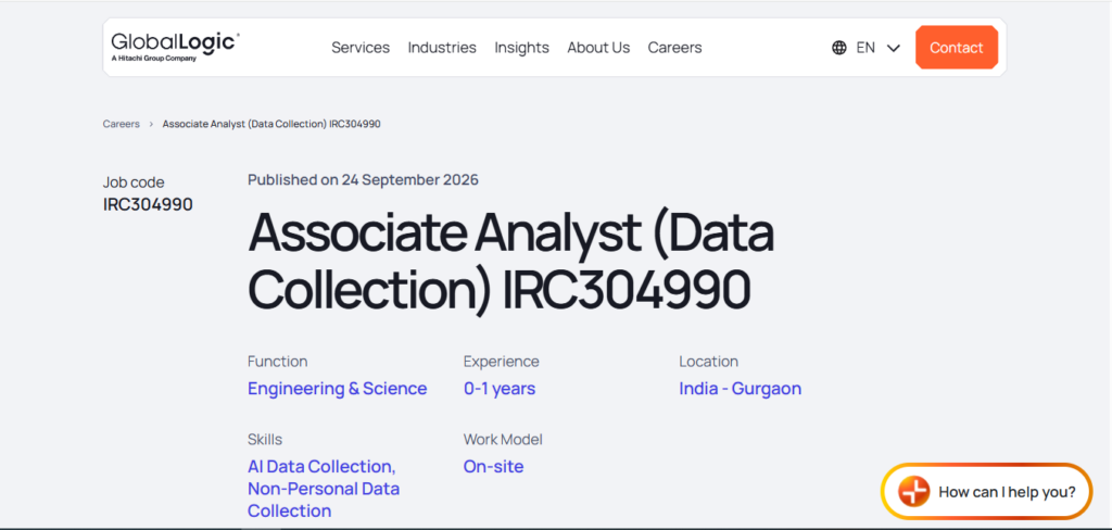 GlobalLogic Hiring Associate Analyst (Data Collection) | Gurgaon 2026
