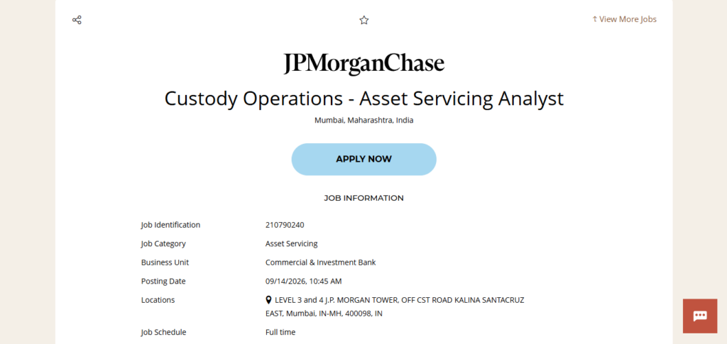 JPMorgan & Chase Recruitment Drive; Hiring Custody Operations