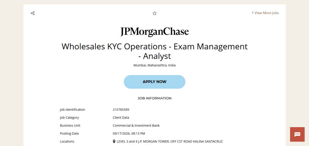 JPMorgan Chase Recruitment Drive; Hiring Exam Management Analyst