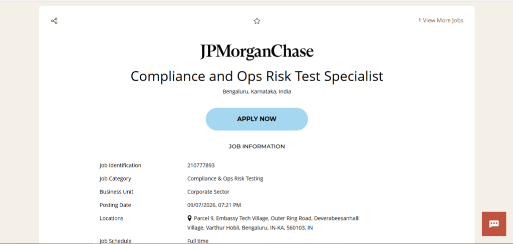 JPMorgan & Chase Recruitment Drive; Hiring Compliance and Ops Risk Test Specialist