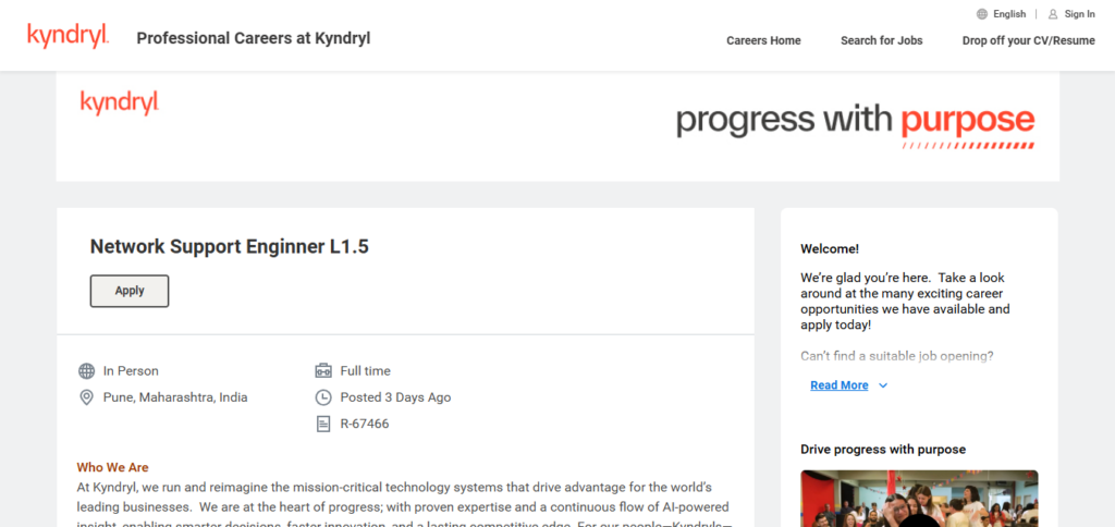 Kyndryl Recruitment Drive; Hiring Network Support Engineer L1