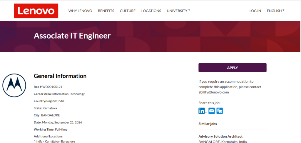 Lenovo Recruitment Drive; Hiring Associate IT Engineer