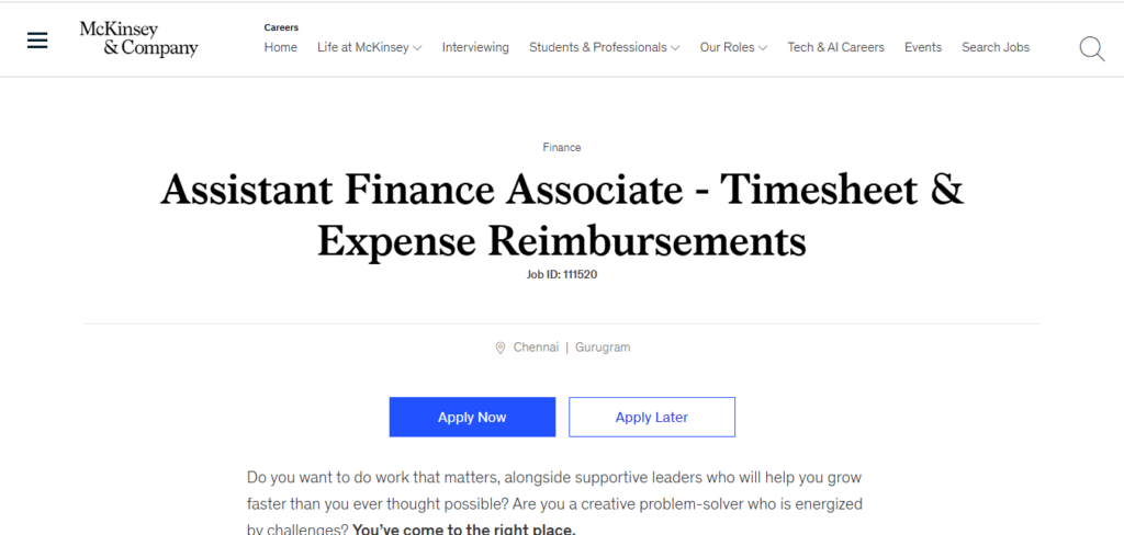 McKinsey & Company Recruitment Drive; Hiring Assistant Finance Associate