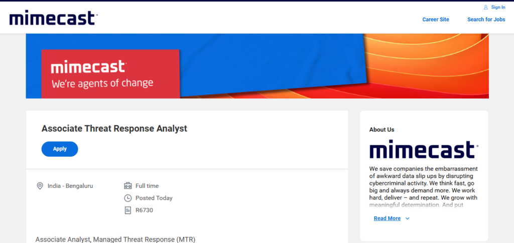 Mimecast Recruitment Drive; Hiring Associate Threat Response Analyst