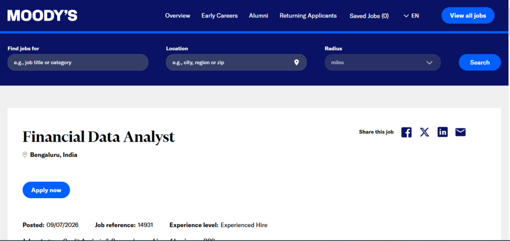 MOODY'S Recruitment Drive; Hiring Financial Data Analyst