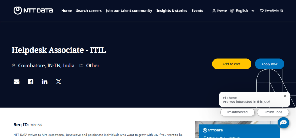 NTT Data Recruitment Drive; Hiring Helpdesk Associate