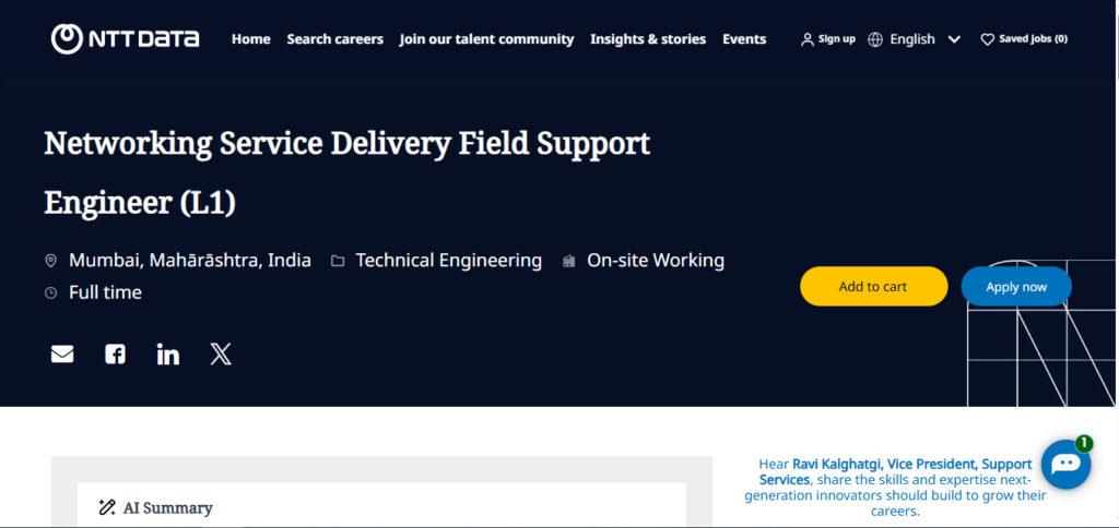 NTT Data Recruitment Drive; Hiring Networking Service Delivery Field Support Engineer