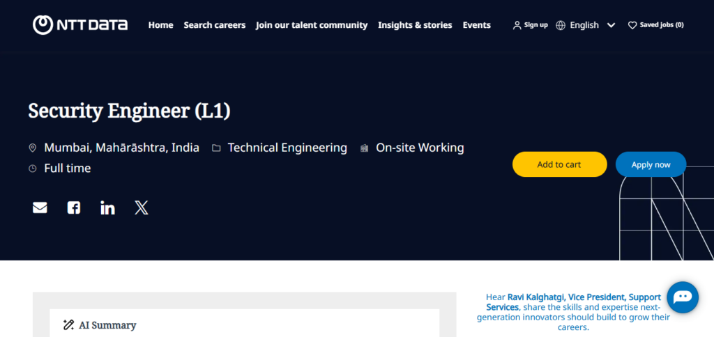 NTT Data Recruitment Drive; Hiring Security Engineer (L1)
