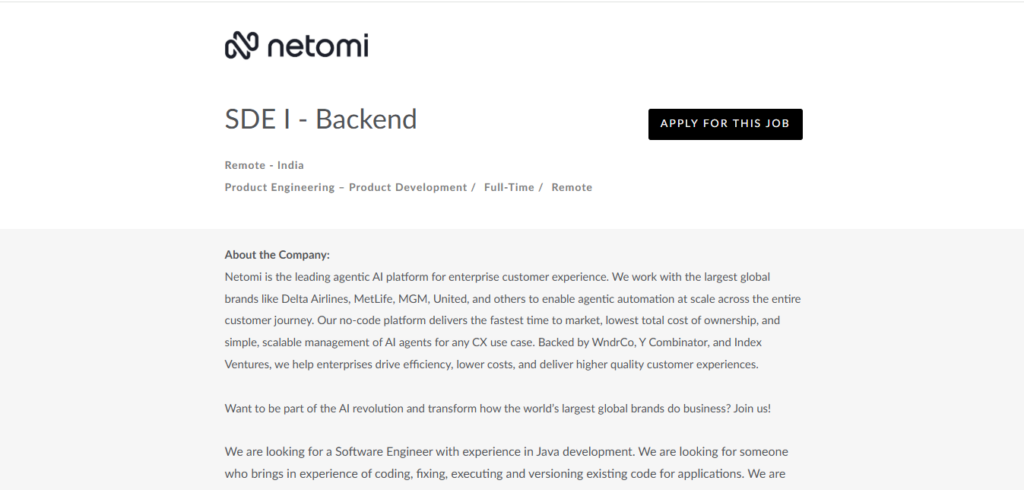 Netomi Work from Home Jobs; Hiring SDE I (Backend) 