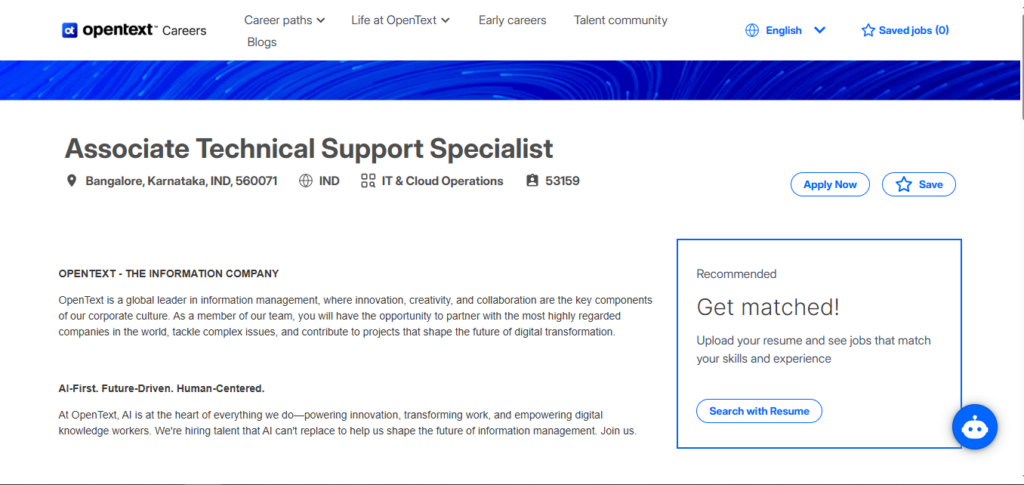 OpenText Recruitment Drive; Hiring Associate Technical Support Specialist