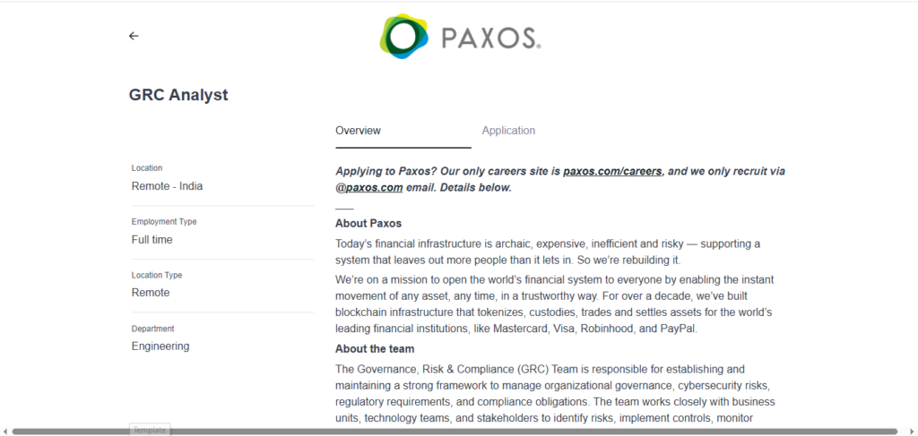 PAXOS Work from Home Jobs; Hiring GRC Analyst