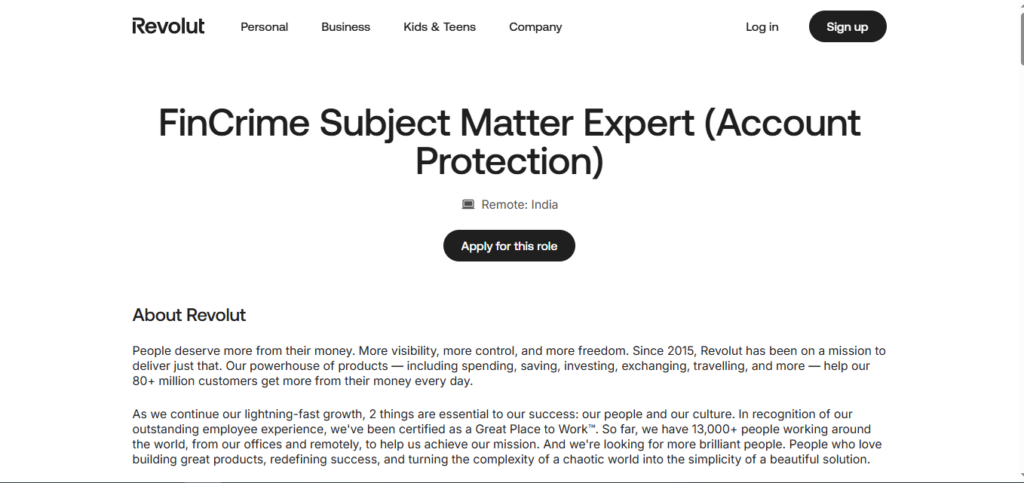 Revolut Work from Home Jobs; Hiring FinCrime Subject Matter Expert