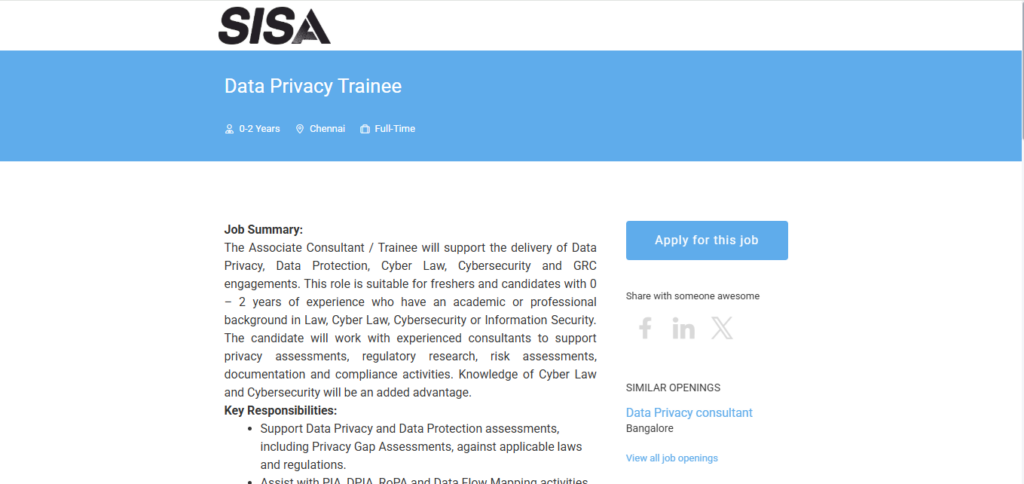 SISA Hiring Data Privacy Trainee | Chennai 2026