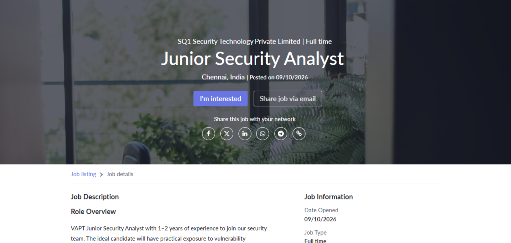 SQ1 Security Technology Hiring Junior Security Analyst | Chennai 2026