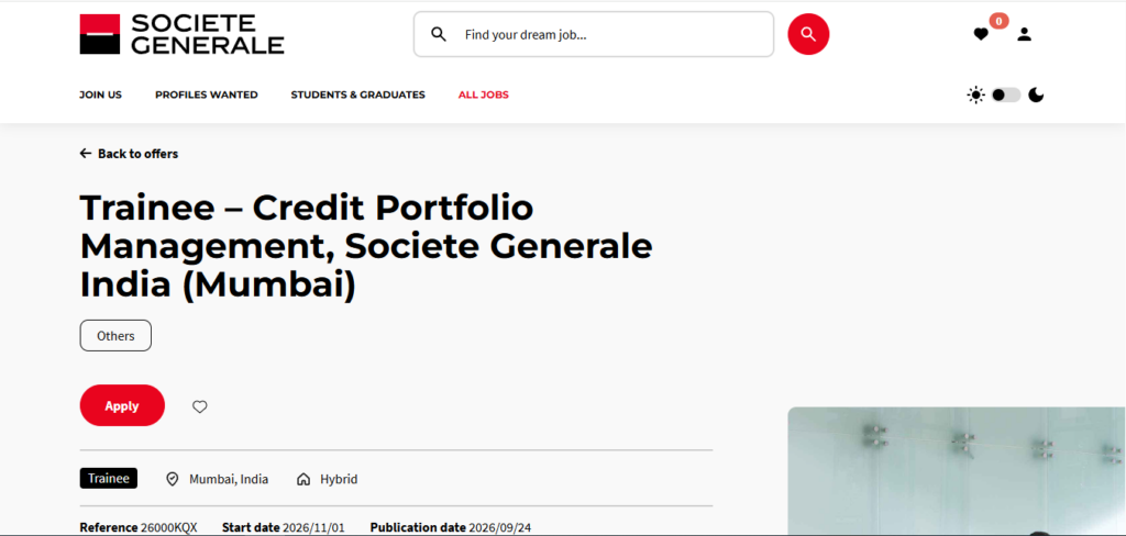 Societe Generale Hiring Trainee – Credit Portfolio Management | Mumbai (Hybrid) 2026