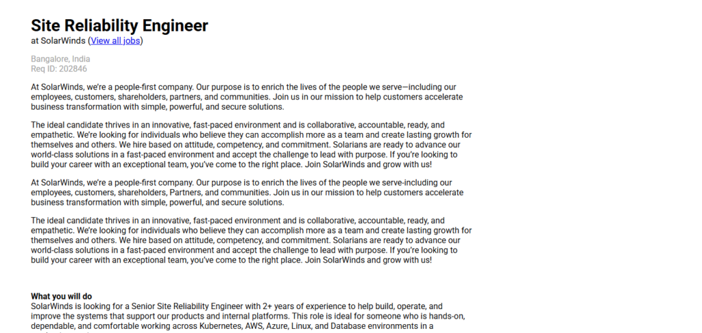 SolarWinds Recruitment Drive; Hiring Site Reliability Engineer
