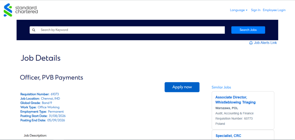 Standard Chartered Recruitment Drive; Hiring PVB Payments Officer