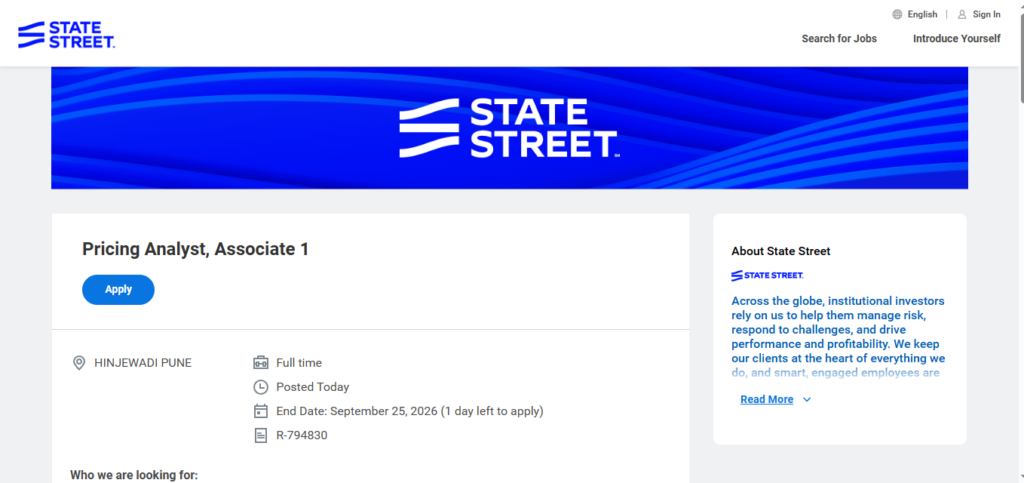 State Street Hiring Pricing Analyst - Associate 1 | Pune 2026