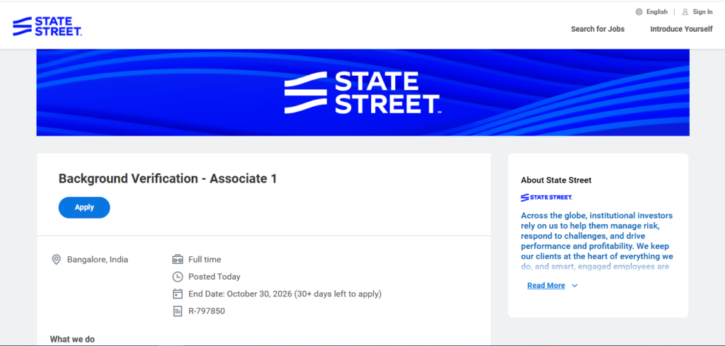 State Street Recruitment Drive; Hiring Associate 1